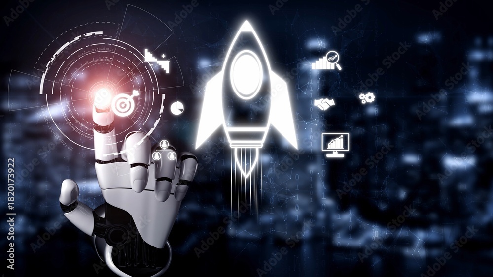Obraz premium Startup launch and business growth concept, rocket symbolism, entrepreneurship, startup innovation, and early-stage success strategies for new business development and expansion. Muxer