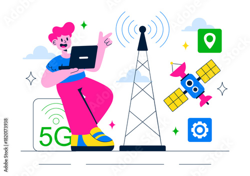 5G Network Connectivity Wireless Technology Vector Illustration Featuring Transmitter Tower Providing High-Speed Mobile Internet Communication