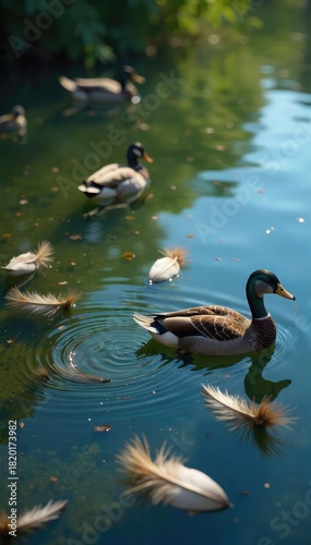 Serene pond scene with a variety of waterfowl feathers scattered gently on the water's surface, reflecting sunlight Perfect for nature, tranquility, and wildlife themes , goose, plumage