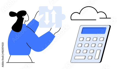 Woman holding a puzzle piece with arrows, next to a calculator and cloud. Ideal for strategy, analysis, solutions, problem-solving, cloud storage, collaboration and innovation. Simple flat metaphor