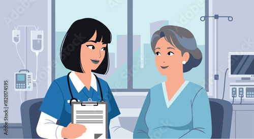 Caring female nurse providing medical consultation and support to an elderly senior patient in a modern hospital clinic setting