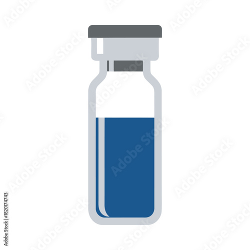 Stylized medical vial with blue liquid, vaccine or serum concept