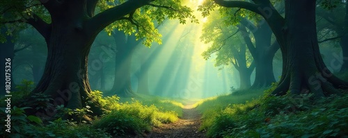 Deep shadows and dappled sunlight filter through a dense forest canopy, creating a mystical woodland scene Perfect for fantasy, nature, or fairytale themes , roots, canopy, undergrowth