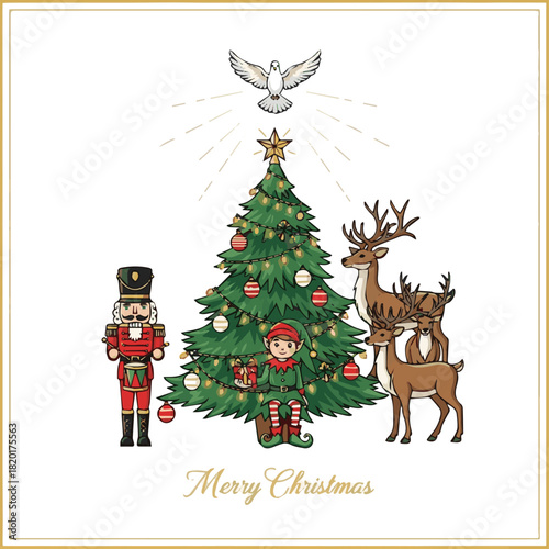 create Colorful Valentine's Day design idea sets, decorations, headings, vector acreate holy card with decorative Christmas Tree, Nutcracker, Elf, Dove, reindeers with white background