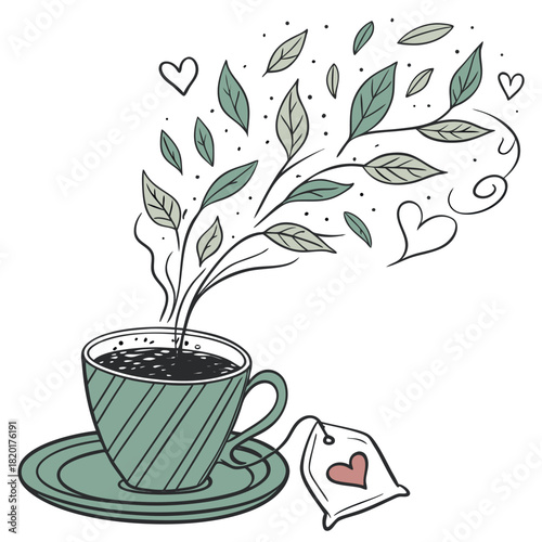 Hand-Drawn Hot Herbal Tea Cup with Steaming Leaves, Hearts, and Teabag