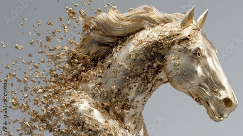 A detailed, realistic sculpture of a horse with flowing, golden hair and intricate details, set against a neutral background.