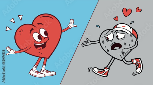 Healthy vs. Unhealthy Heart Comparison: Happy Character and Tired Heart Running