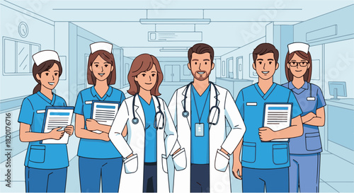 Professional medical team of doctors and nurses standing together in a hospital corridor, a concept of healthcare and teamwork