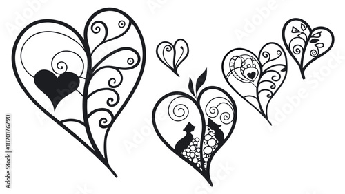 Ornate Filigree Hearts Set with Cats, Scrolls, and Floral Elements - Black Vector Silhouette