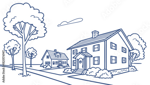 Blue Line Art Sketch of Suburban Street with Traditional Detached Houses and Large Trees