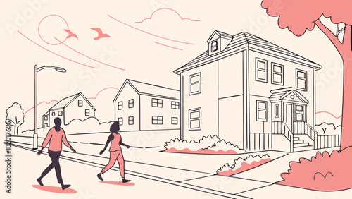 Monochromatic Suburban Street Scene with Couple Walking Past Traditional Houses