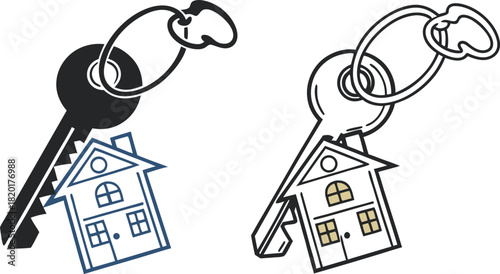 House Key and Keychain with Home Charm Icon - Symbol of Real Estate and Ownership