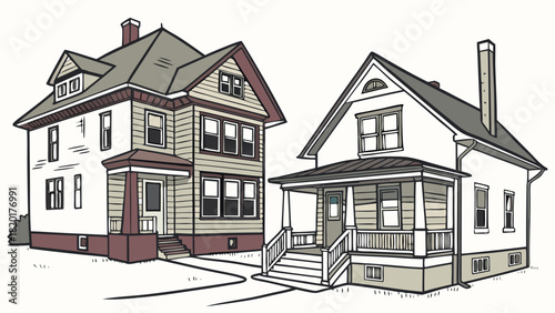Pair of Traditional American Suburban Houses with Porches - Detailed Vector Illustration