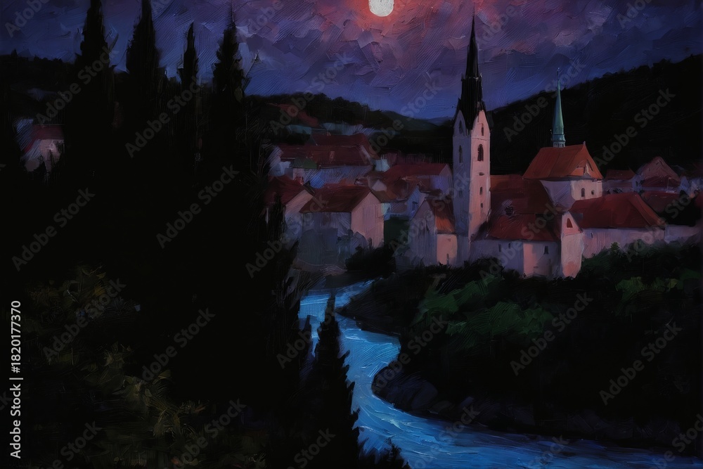 Fototapeta premium A serene night scene of a quaint village nestled along a glowing river, with red-roofed houses and tall spires silhouetted against a twilight sky illuminated by a full moon. Dark trees frame the view,