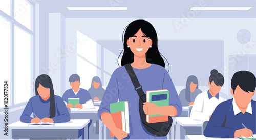 Female student in classroom with books smiling. Education, learning, and knowledge concept