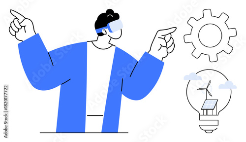 Person in VR headset gesturing toward gear and eco lightbulb with solar panel and wind turbine. Ideal for innovation, technology, sustainability, engineering, energy, creativity, future concept
