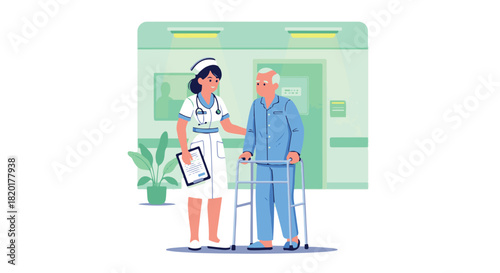 Elderly man with walker assisted by a nurse in a hospital hallway, symbolizing healthcare and elderly care