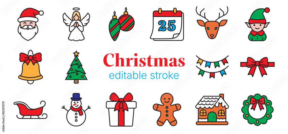 Fototapeta premium Christmas colorful icons set with editable stroke. Festive vector illustration includes Santa Claus, angel, baubles, calendar, deer, elf, bell, Christmas tree, garlands, sleigh, snowman etc.