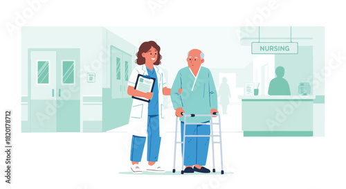 Healthcare Professional Assisting Elderly Patient with Walker in Hospital Setting