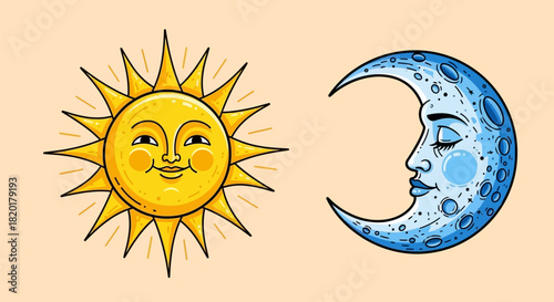 Sun and Moon Celestial Duo with Smiling Faces.
