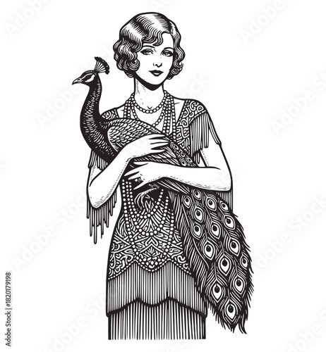Black and white vintage illustration of a glamorous 1920s flapper in a beaded fringe dress, cradling a magnificent peacock. Represents luxury, exotic beauty, and Art Deco opulence.
