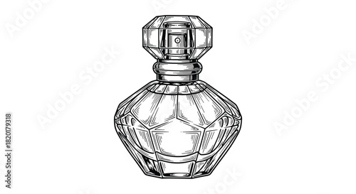 Elegant faceted glass perfume bottle with an atomizer spray top, depicted in a detailed black and white vintage engraving style.