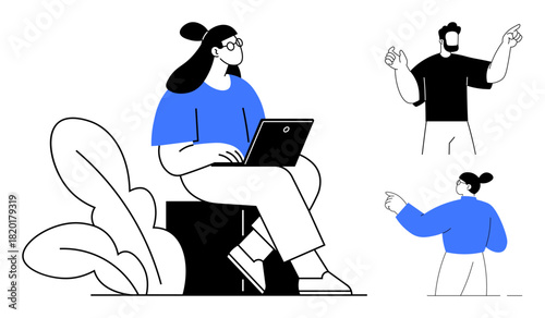 Woman works on laptop seated near foliage, two standing team members discuss, gesture, and contribute. Ideal for teamwork, collaboration, remote work, brainstorming, technology digital productivity