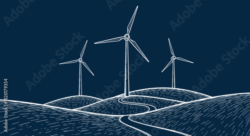 White line art illustration of three wind turbines on rolling hills, showcasing renewable energy in a vintage woodcut style.