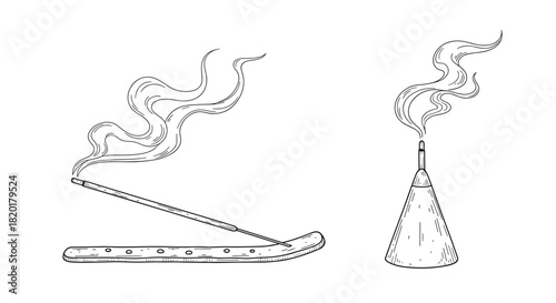 Black and white hand-drawn illustration of a smoking incense stick in a holder and an incense cone in a vintage style.