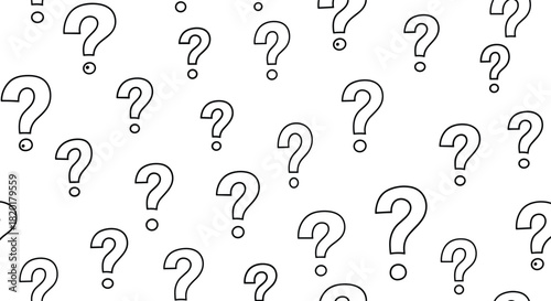 Seamless pattern background of black outline question marks in various sizes on a plain white background for design projects.