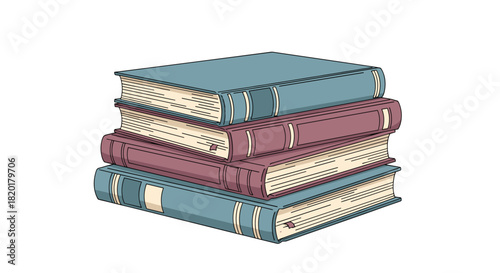 Cozy illustration of a stack of four antique hardcover books in blue and red, isolated on a clean white background.