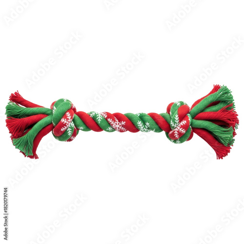 Festive red and green dog rope toy with snowflake pattern for christmas playtime on transparent background