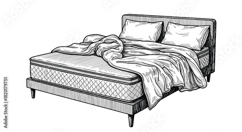 Detailed black and white vintage style illustration of an unmade bed with pillows, a mattress, and a messy blanket.