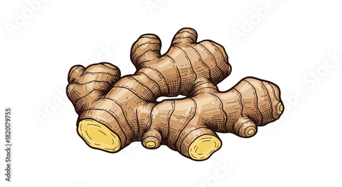 Hand-drawn vintage style illustration of a fresh ginger root with cut sections, isolated on a plain white background.