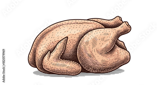 Detailed vintage-style color illustration of a whole raw chicken ready for cooking, isolated on a white background.