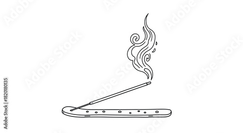 Simple black and white line drawing of a single burning incense stick in a long holder with smoke rising from the tip.