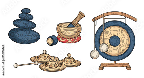 Colorful vintage-style illustration set of meditation items including zen stones, a singing bowl, a gong, and tingsha cymbals.