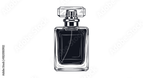 Realistic and detailed black and white illustration of a modern rectangular glass perfume bottle with a square cap.