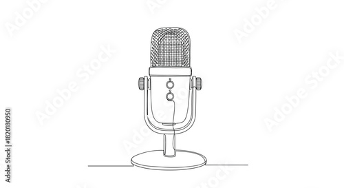 Continuous single line drawing of a vintage-style studio condenser microphone on a stand, for recording and podcasting.