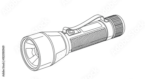 Technical line art illustration of a modern tactical flashlight with a textured grip and pocket clip on a white background.