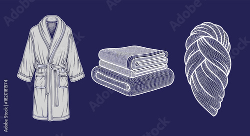 Set of cozy bath items including a bathrobe, folded towels, and a hair turban wrap in a white vintage woodcut style.