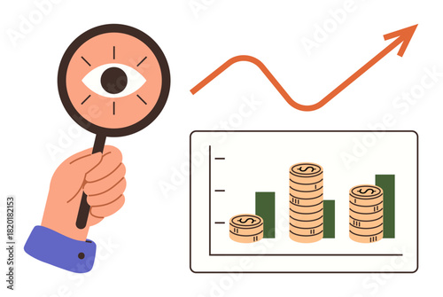 Magnifying glass with an eye, upward trend graph, and rising stack of coins on bar chart. Ideal for finance, business growth, investment, analytics, monitoring, data insights and wealth management