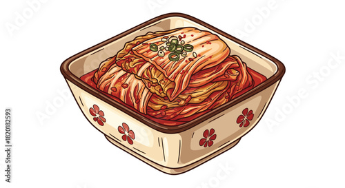 Delicious-looking bowl of spicy Korean kimchi, a traditional fermented food, in a detailed, colorful cartoon style.