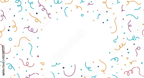 Festive background or border with colorful, hand-drawn confetti and streamers on a clean white background for celebrations.