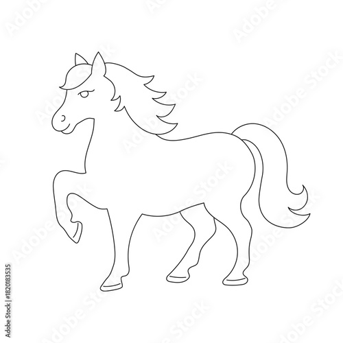 Cute horse line art vector illustration. Simple outline drawing of prancing horse for coloring pages, children activities, educational materials, and creative design projects. 2026 symbol