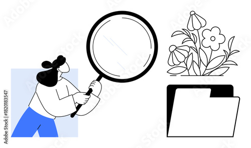 Woman holds magnifying glass toward flowers and a file folder. Ideal for curiosity, research, exploration, analysis, organization, discovery, growth. Represents a simple flat metaphor