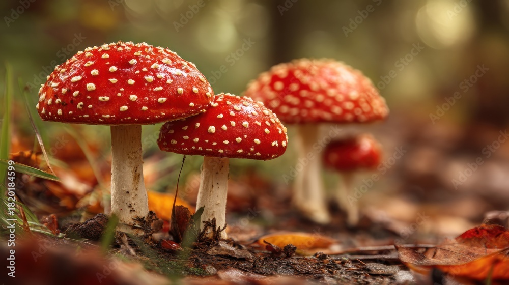 Fototapeta premium Three red and white spotted mushrooms in a forest setting, with a blurred background of trees and leaves.