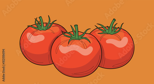 Three fresh and ripe red tomatoes with green stems, a simple vector illustration on a solid orange background for food designs.