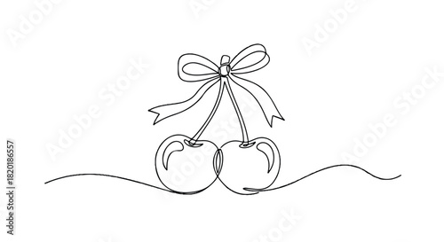 Elegant minimalist continuous line art drawing depicting two ripe cherries intertwined with a delicate decorative bow, symbolizing connection or a special gift