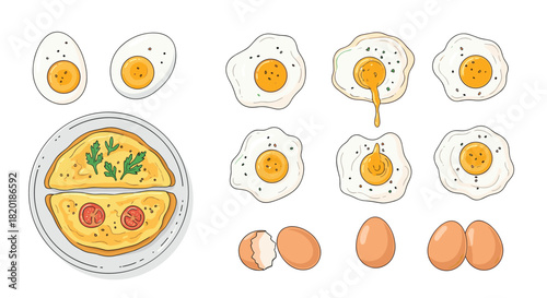 Set of delicious hand-drawn egg illustrations, including fried, boiled, omelette, and whole eggs for a breakfast concept.